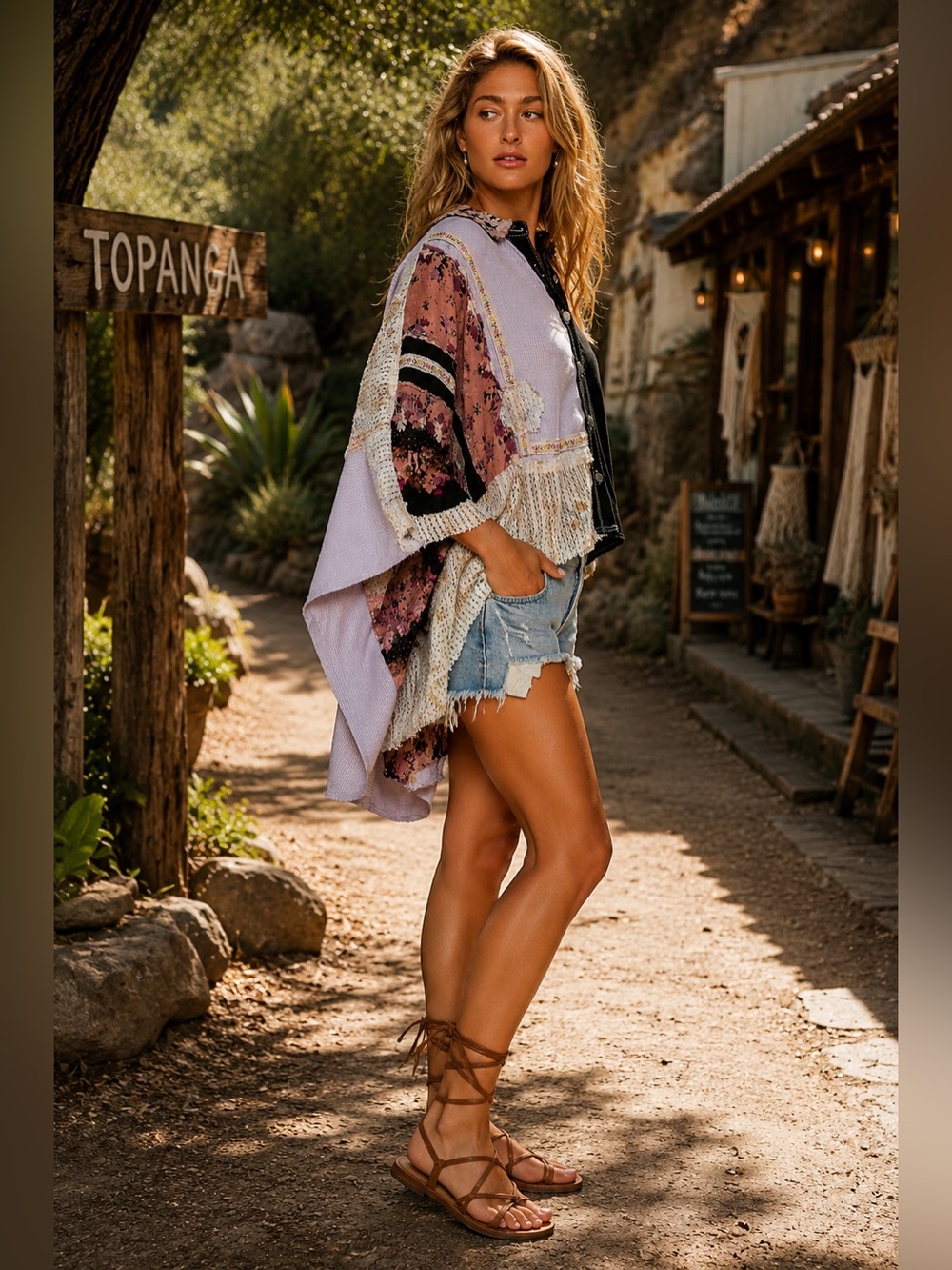 POL “ Topanga Hideaway “ Poncho Patchwork Cotton Oversized Top | Lilac / Black - Picture 4 of 9
